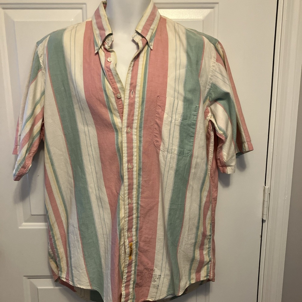 B D BAGGIES Men's Size XL Long Sleeve Button Up Pastel Striped Shirt Pink Green